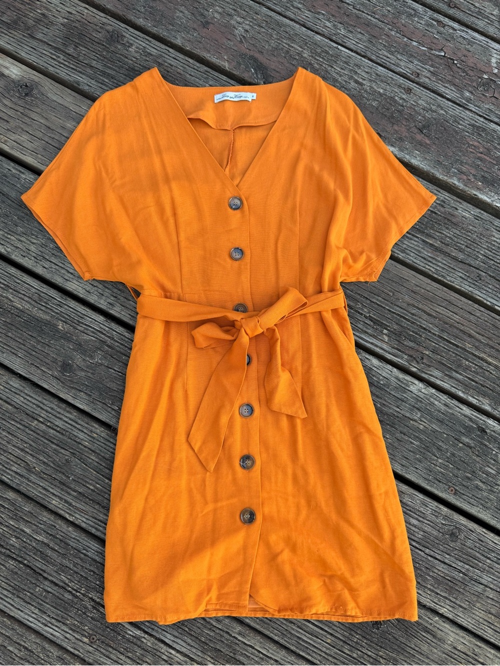 Button-Front Orange Mini Dress with Tie Waist